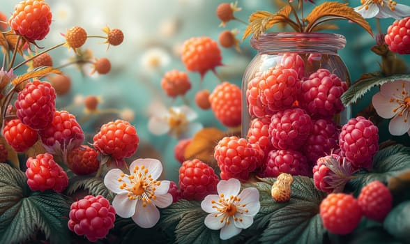 Raspberry berries and white flowers in sunlight. Selective soft focus.