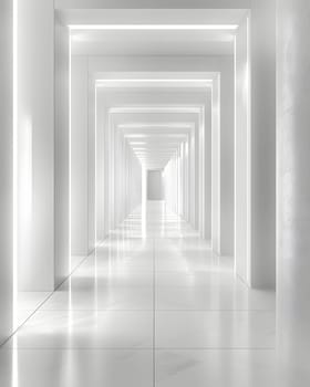 A building with a long grey hallway featuring lights on the walls and floor, creating a symmetrical and artistic display of tints and shades