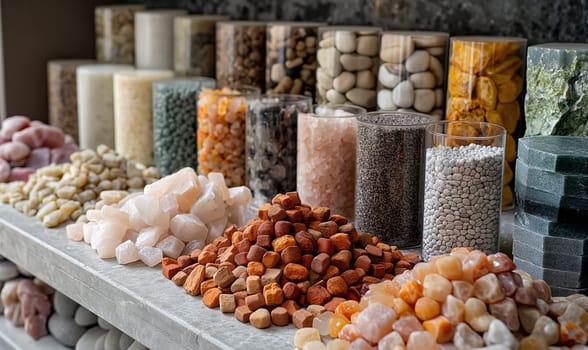 Assorted Minerals on Display at Market Stall. Selective focus.
