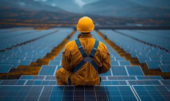 Man Sitting on Solar Panel. Selective focus.