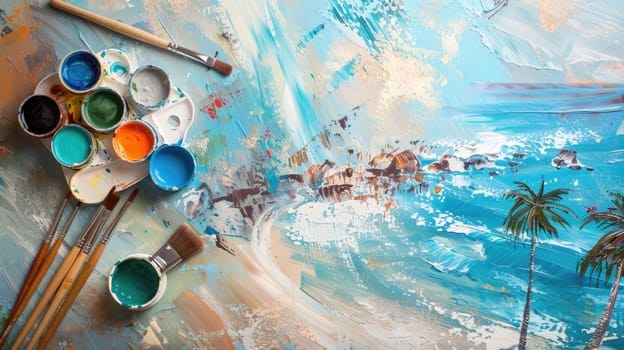 A piece of art depicting a beach scene with azure water, umbrellas, and brushes on a table. The fluid strokes create a leisurely atmosphere AIG50