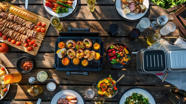 An overhead view of a table set with delicious cuisine and a barbecue grill, surrounded by lush green grass in a picturesque landscape setting AIG50