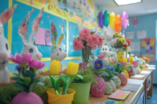 Photography of classroom decorated with colorful paper in easter egg day for celebrated spring season. Elementary school celebrated in easter egg festival with creative rabbit doll and mask. AIG42.