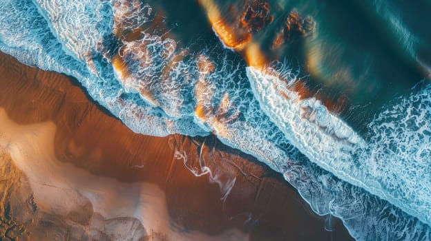 An aerial perspective of water waves crashing onto a sandy beach, showcasing a natural landscape with a stunning geological phenomenon in motion AIG50