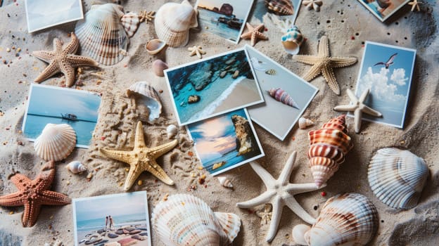 On the beach, a hat, sunglasses, seashells, starfish, and photos are scattered on the sand. The aqua water creates a stunning landscape for leisure and fun events AIG50