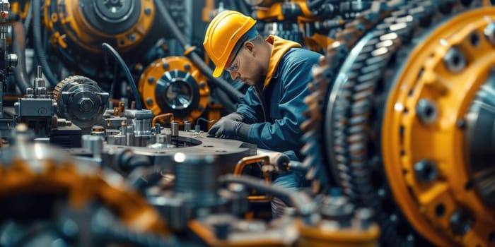 Smart engineer checking iron machine in factory while wearing safety helmet. Professional industrial worker repairing or examining machinery part or turbine machine while holding chart form. AIG42.