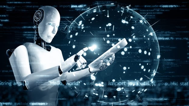MLP 3d illustration Futuristic robot artificial intelligence huminoid AI programming coding technology development and machine learning concept. Robotic bionic science research for future of human life. 3D rendering.