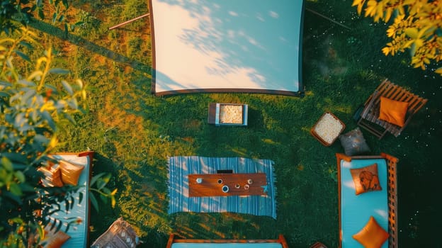 A picnic blanket is spread out on a vibrant green lawn surrounded by tall trees, shrubs, and colorful flowers, creating a picturesque tableau for a relaxing outdoor event AIG50