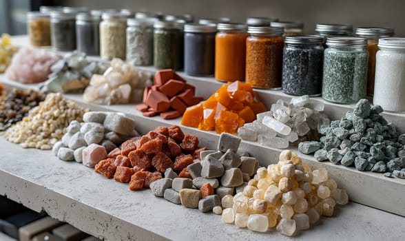 Assorted Minerals on Display at Market Stall. Selective focus.