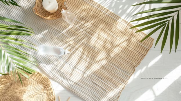 A wooden table adorned with a hat, water bottle, starfish, palm leaves, and shells, creating a natural and botanical design inspired by plant life and nature AIG50
