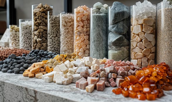 Assorted Minerals on Display at Market Stall. Selective focus.