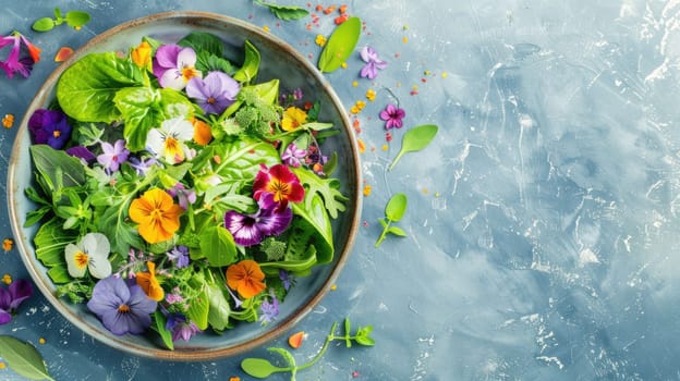 An artful arrangement of leafy greens and colorful flowers in a bowl, placed on a vibrant blue table. The natural landscape is enhanced with this beautiful botanical illustration AIG50