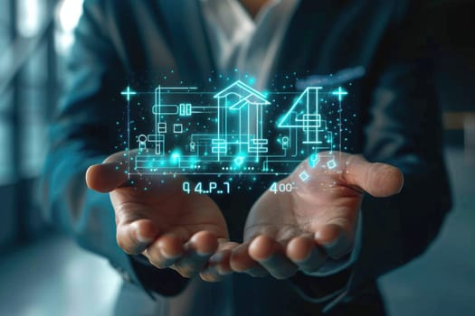 A businessman in a suit holding a glowing blue 3D model of a house in his hands. AIG51A.