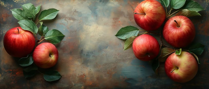 Red apples with leaves on a vintage background. Selective focus.