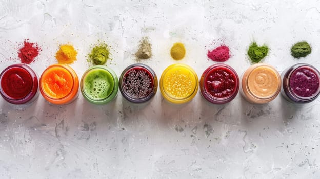 A row of glass jars filled with different colored liquids, such as magenta, on a table, featuring a stylish fashion accessory with plant petal motifs AIG50