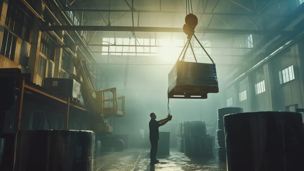 Photo of professional warehouse worker with safety helmet checking at robot carrying industrial material. Skilled construction engineer working and guiding machine with crane moving product. AIG42.