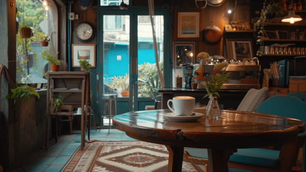 Hot coffee or cappuccino with beautiful latte art cup placed on table at cozy coffee shop. Empty coffee shop interior with wooden table decorated with green plant with vintage style. No people. AIG42.