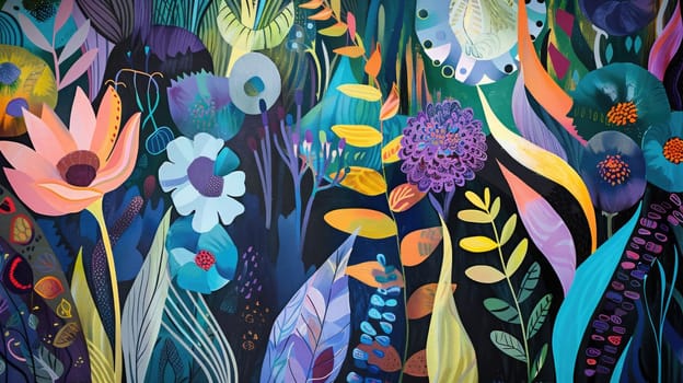A vibrant painting featuring a plant and flower pattern with colorful leaves on a green background, creating a beautiful visual arts piece AIG50
