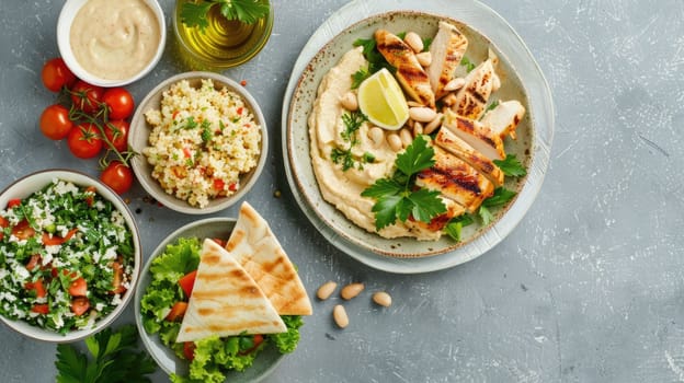 The table is filled with a variety of foods, from staple ingredients to leaf vegetables. Dishes from various cuisines are served on plates alongside fresh produce and tableware AIG50