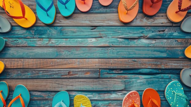 A colorful array of flip flops displayed on a rustic wooden table. The electric blue and magenta hues create an eyecatching pattern, perfect for a summer event snapshot AIG50