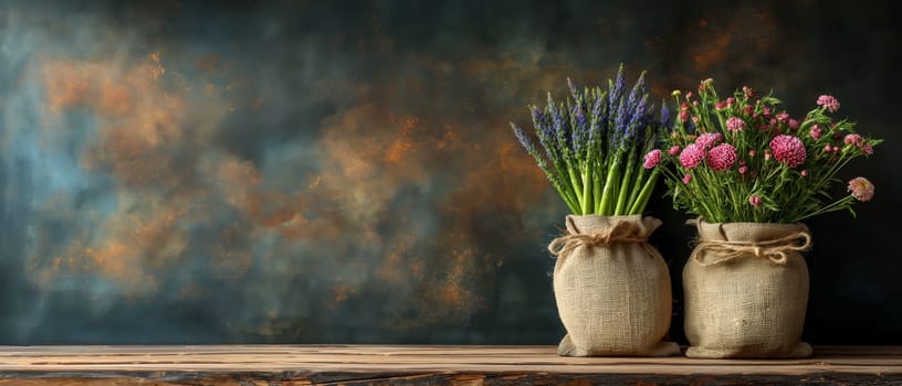 Fresh flowers in burlap on a vintage background. Selective focus.