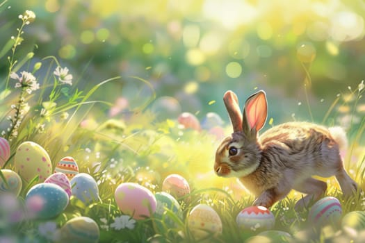 Cute happy big bunny with fluffy brown fur jumping over piles of colorful easter eggs. Playful rabbit with long ears hopping and surrounded with easter egg at garden with tree and green grass. AIG42.