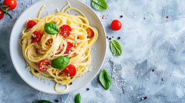 A staple food recipe featuring a bowl of pasta with tomatoes and basil, served on a sleek black tableware. A delicious and natural food dish perfect for sharing AIG50