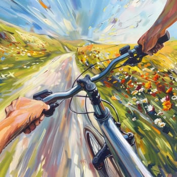 Riding a bicycle through a field of daisies, with the sun shining in the sky and fluffy clouds overhead, feeling the gentle breeze and admiring the beauty of nature AIG50