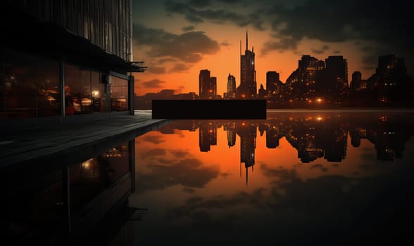 Cityscape reflected in the water, space for text. Selective focus.