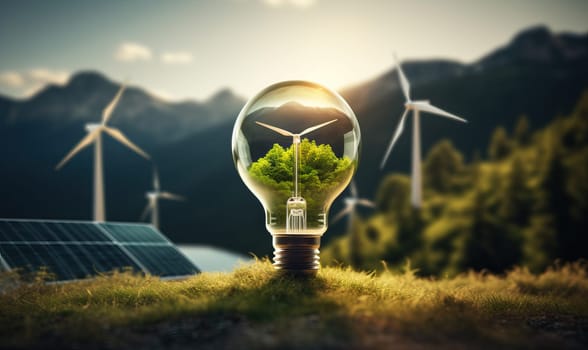 Windmill in a light bulb on a natural background. Selective focus.