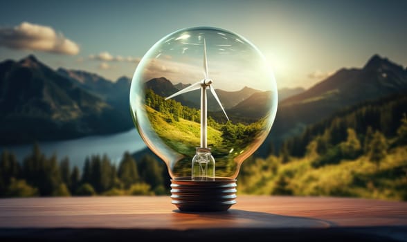 Windmill in a light bulb on a natural background. Selective focus.
