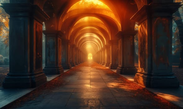 Autumn Sunrise in Arched Corridor. Selective focus.