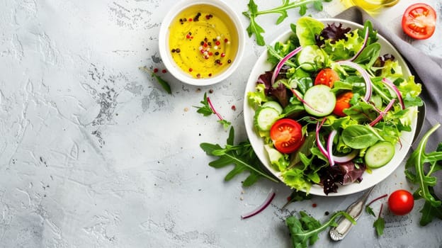 A variety of vegetables, including leafy greens and root vegetables, are artfully arranged in a circle on a table, showcasing the beauty of natural foods AIG50