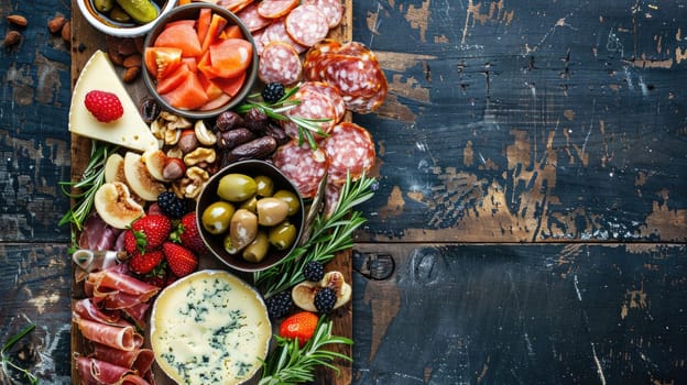 A wooden cutting board displaying an assortment of natural foods like leaf vegetables, vegetables, and ingredients, set on a wooden table for a cuisine event AIG50