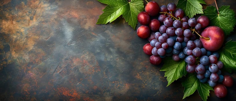 Grapes and leaves on a dark background. Selective focus.