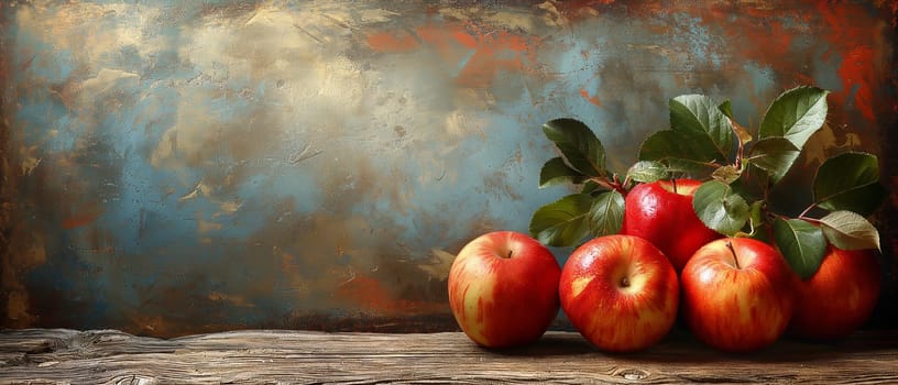 Red apples with leaves on a vintage background. Selective focus.