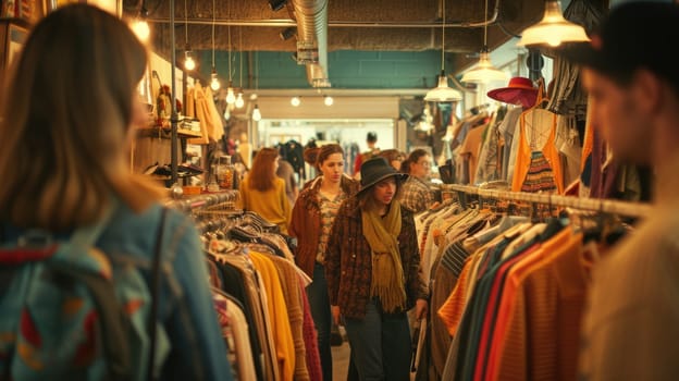 A crowd of customers is touring a retail building in the city's clothing marketplace. AIG41