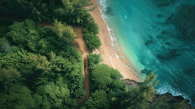 A natural landscape with a beach, trees, and water forming a serene view from above, showcasing the beauty of nature and fluvial landforms AIG50