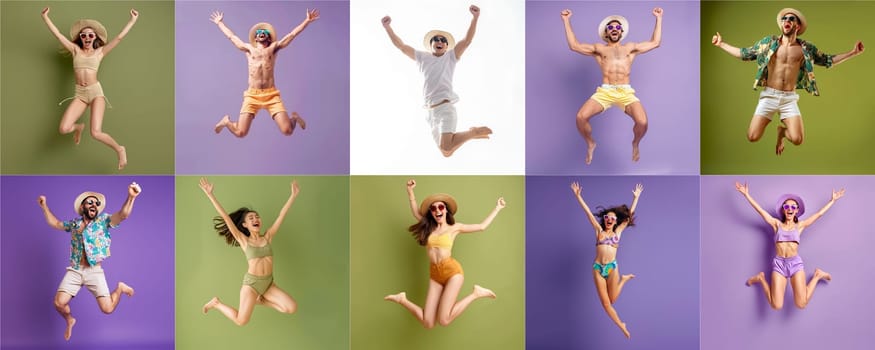 Summer people collection set, diverse people jumping on colorful background, many people funny jump wearing summer outfit fashion ready for swim and summer activity, summertime, beachwear AIG48