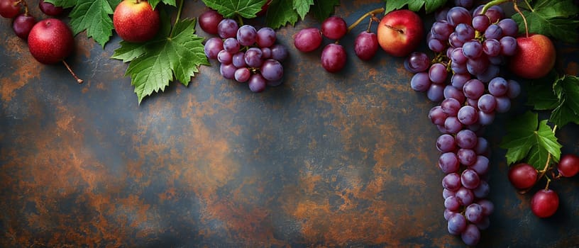 Grapes and leaves on a dark background. Selective focus.