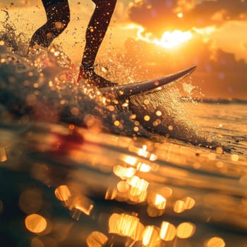 A person is happily riding a wave on a surfboard in the liquid world of the ocean, surrounded by the vast sky and majestic astronomical objects AIG50