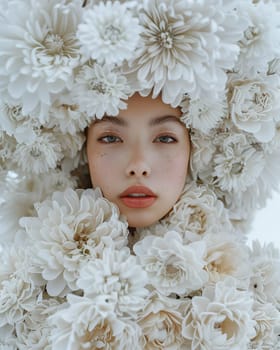 A woman is happily wearing a hat adorned with white flowers made from natural materials. Her smile and gesture accentuate the beauty of the flower petals on her head