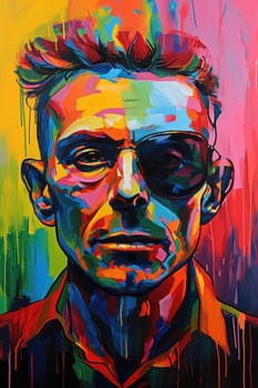 The comic colourful picture of the short hair male adult human head and has been wearing sunglasses with straight face yet picture fill with various colour that make picture fill with emotion. AIGX01.