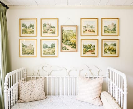 Nursery gallery wall, home decor and wall art, framed art in the English country cottage interior, room for diy printable artwork mockup and print shop idea