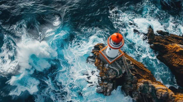 A breathtaking aerial view of a lighthouse standing on a rock surrounded by vast liquid water, showcasing the beauty of natural landscape and perfect for leisure and recreation AIG50