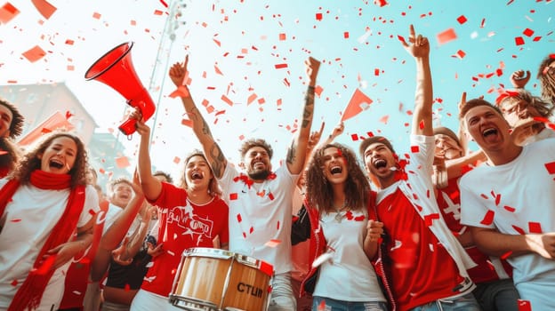 A cheerful group of individuals wearing red shirts are celebrating with confetti and a megaphone, bringing fun and entertainment to the event, while holding a membranophone and smiling in joy. AIG41