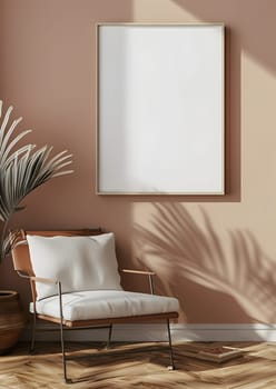 A cozy living room with a wooden chair and a framed picture hanging on the wall. The rectangular shape of the furniture adds to the interior design of the room