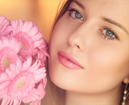 Beauty, holiday and bridal makeup, beautiful woman with pink flowers bouquet as cosmetics, perfume and face skincare portrait