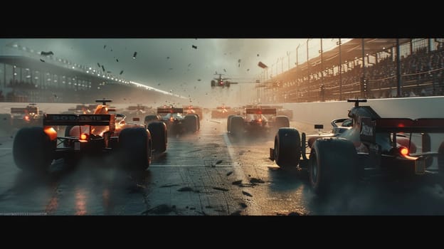 Racing car moving at high speed along racetrack with high speed and smoke. Racing car, propelled by the immense power of engine, hurtles down racetrack with incredible slicing through the air. AIG42.