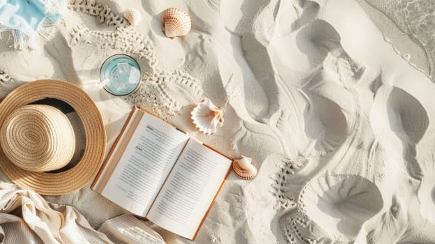 A beautiful beach landscape featuring a book, hat, starfish, seashells, and a refreshing drink by the aqua water. The perfect spot to relax and enjoy the sun AIG50